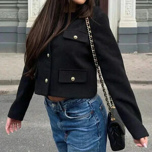 Black Elegant Women's Casual Tweed Jacket Decorated Long Sleeve Coat